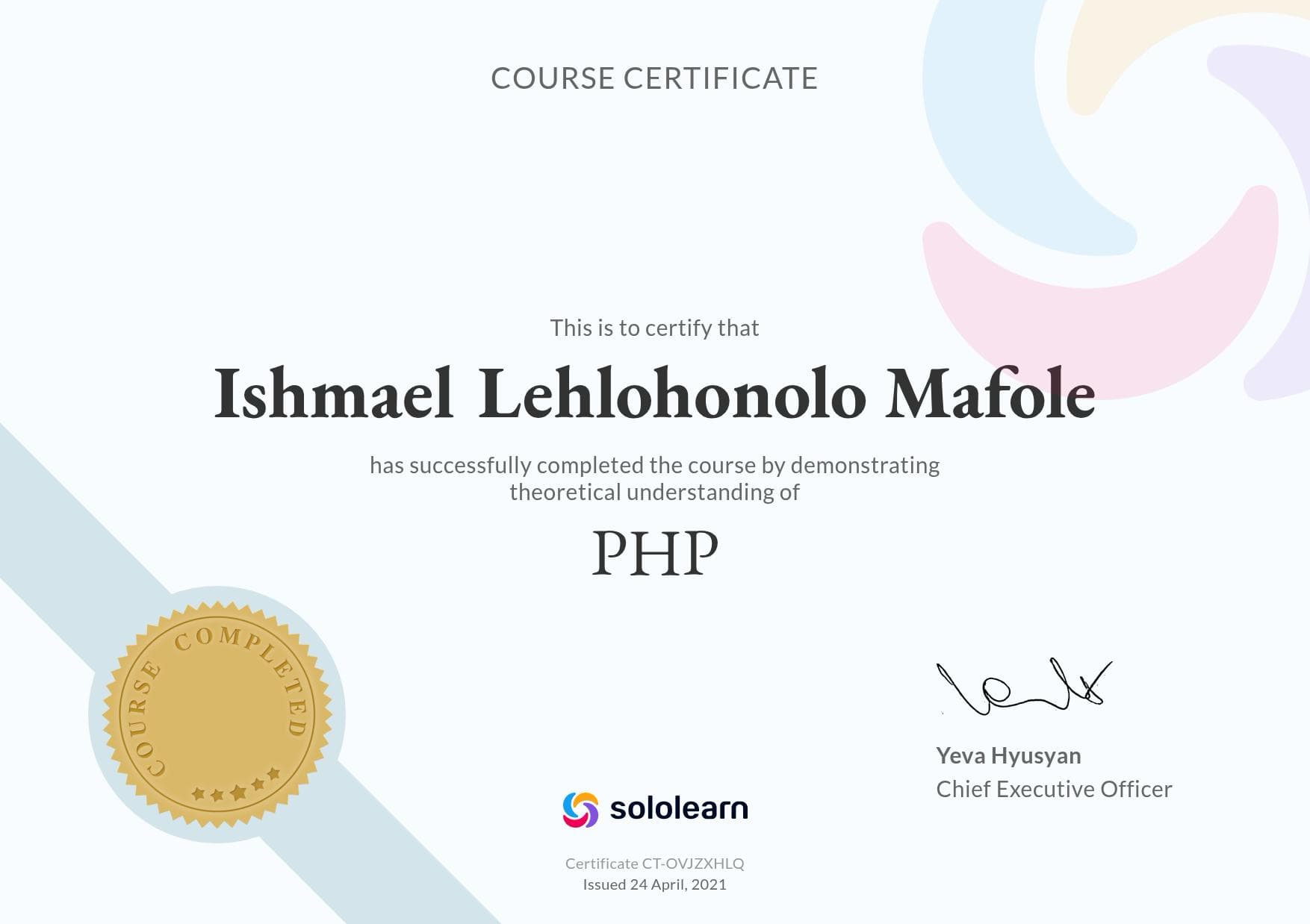 SoloLearn PHP certificate